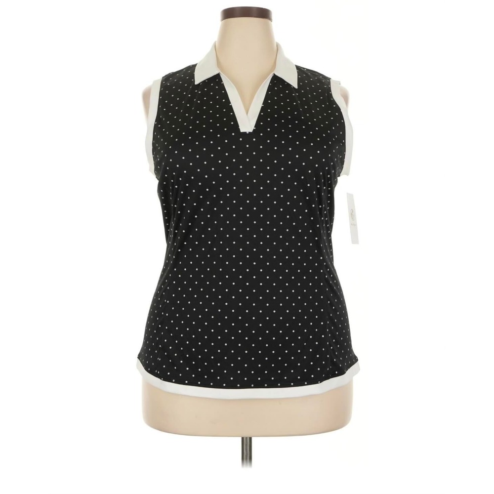 Ben‎ Hogan Womens Sleeveless Golf Polo Black White Polka Dot V-Neck Top XL NWT